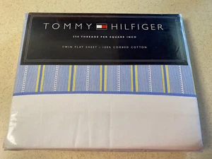 NEW Tommy Hilfiger Blue Yellow Strip Twin Flat Sheet Belinda Pattern 2001 - Picture 1 of 3