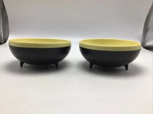 Reinecke THERM-O-BOWL Dreibein Fußschalen 2er Set gelb schwarz Kunststoff Vintage MCM - Bild 1 von 13