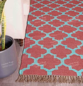 Indian Handmade Red Color Kilim Rug With Turquoise Design Rug, Fringes Jute Rug - Picture 1 of 9