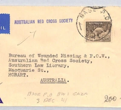 AUSTRALIA USED PALESTINE GAZA WW2 Cover RED CROSS Military POW Hobart 1941 RC69 - Image 1 of 4