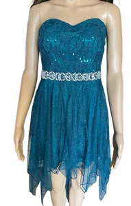 Blue Sleeveless Rhinestones Embellished Waist Handkerchief Formal Dress Sz 11 - Picture 1 of 18
