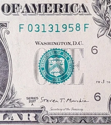 2017 A $1 bill fancy serial, birthday date note, March 13, 1958.  F 03131958 F - Image 1 of 3
