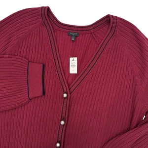 Talbots Varsity Cardigan Ribbed Knit Burgundy Faux Pearl Button Plus Size 2X NEW - Picture 1 of 6