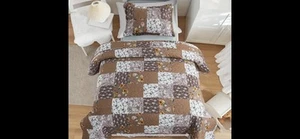 King Size Floral Plaid Patchwork Quilt Set Reversible Brown Bedding - Picture 1 of 6