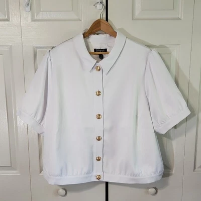 Dennis By Dennis Basso White Short Sleeve Blazer Size 2X Puff Sleeve Gold Button - Image 1 of 4