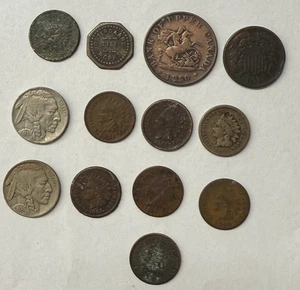 Eclectic Lot Of 13 Coins Including 1868 Indian Head Copper Tokens 2 Cent Piece - Picture 1 of 3