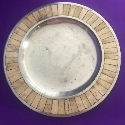 Mother of Pearl Inlay Metal Round Plate Platter Tray Pewter Aluminum Dish SALE! - Image 1 of 3