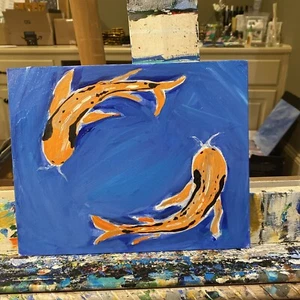 8/10 Acryl Gemälde auf Leinwand Tafel, Fisch, abstrakt, Teich, - Bild 1 von 7