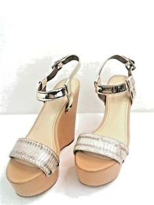 Vera Wang Womens Tan 6" Wedge Heels/Sandals With Silver Straps Size 9.5M - Picture 1 of 12