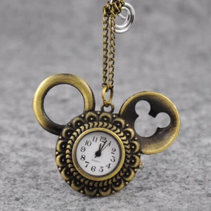 Cute Unisex Mickey Mouse Shape Vintage Quartz Watches Bronze Tone Pocket Watch - Picture 1 of 4