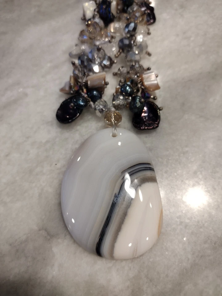 Dramatic Shimmering Agate Pendant Necklace With Glass, Crystal, Stone, Shell - Image 1 of 4