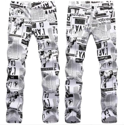 Mens Newspaper Print Jeans Fashion Hip Hop Slim Fit Denim Pants Casual Trousers - Image 1 of 4