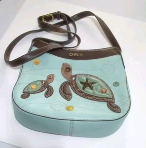 Chala Crescent Crossbody Women’s Purse Turtle Design Teal&Brown EUC Soft - Picture 1 of 9
