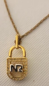 Nina Ricci NR Logo Necklace Pendant Rhinestones Gold Genuine Used - Picture 1 of 6
