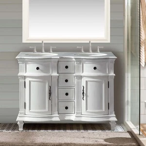 48" Bathroom Double Sink Vanity Carrara White Marble Top Antique White Cabinet - Picture 1 of 8