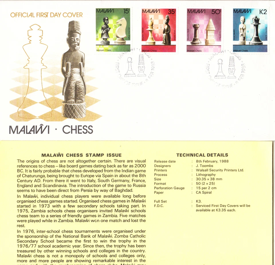 W MALAWI 0510-513 FDC CHESS - Image 1 of 1