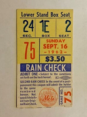 Ticket Polo Grounds New York Mets WON vs the Cincinnati Reds September 16, 1962 - Image 1 of 2