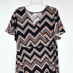 Maurices Kleid Herbst Chevron V-Ausschnitt Faux Wickel Midi Hi Low Damen L schwarz braun - Bild 1 von 24