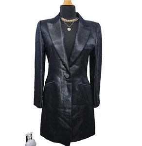 Linda Allard Ellen Tracy Shiny Silk Satin Mid-Length Blazer Jacket Black Blue 2 - Picture 1 of 24