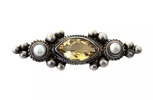 Vintage Sterling Silver Citrine Brooch Pin w/ Pearl Accents - Picture 1 of 6