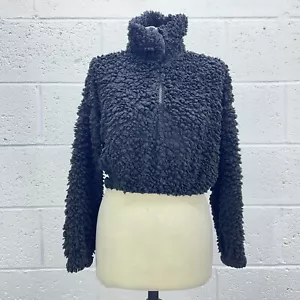 PINK VANILLA BLACK BORG CROPPED SWEATSHIRT TEXTURED HALF ZIP FAUX JUMPER UK M - Picture 1 of 6