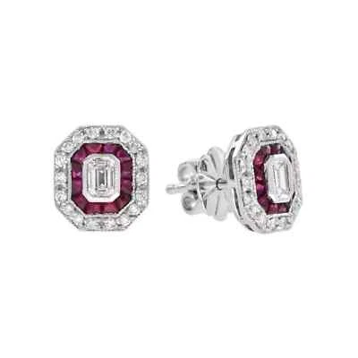 4Ct Emerald Cut Lab-Created Diamond Art Deco Stud Earrings 14K White Gold Finish - Image 1 of 4