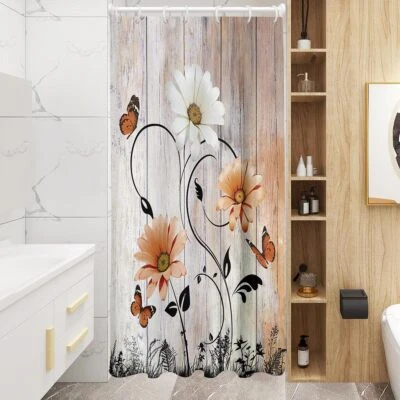 Floral Shower Curtain White Daisy Home Bathroom Decor with 7 Hooks - Image 1 of 4