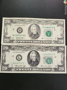 pair Of 2 $20 Federal Reserve Notes 1974 San Francisco &1995 New York VF+ Clean - Picture 1 of 8