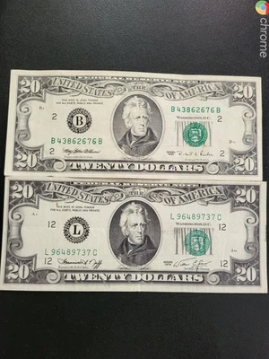 pair Of 2 $20 Federal Reserve Notes 1974 San Francisco &1995 New York VF+  Clean - Image 1 of 4