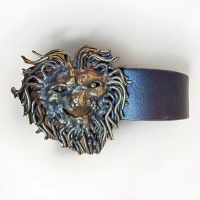 1960s Brutalist Brass Lion Buckle Full Grain Cowhide Leather Belt Handmade VTG - Image 1 of 4