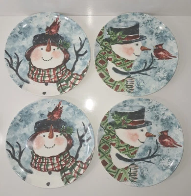 Platos de muñeco de nieve acuarela vintage 4 Susan Winget 9"D ensalada de postre certificado internacional Foto 1 de 4