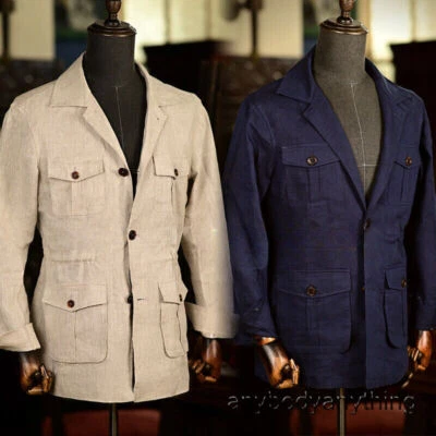 Men's 100% Linen Safari Pockets Hunting Coat Jacket Casual Breathable Retro Tops - Image 1 of 4