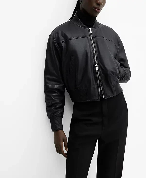 NUEVA MANGA Chaqueta Bomber de Cuero para Mujer NEGRA TALLA XS / 100% AUTÉNTICA Foto 1 de 4