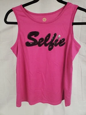 Camiseta sin mangas Total Girl rosa con lentejuelas "selfie" en la parte delantera (talla L (14 1/2-16 1/2) Foto 1 de 3