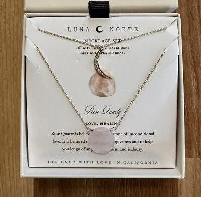 LUNA NORTE ROSE QUARTZ & CRESCENT MOON NECKLACE SET 14KT Gold Plated Brass - Изображение 1 из 4