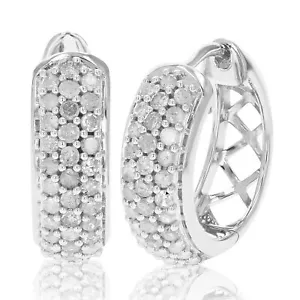 1 ct Diamond Hoop Earrings for Women in .925 Sterling Silver Three Row 3/4 Inch - Picture 1 of 8