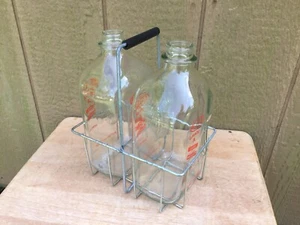 2 Half Gallon Glass Farm Fresh Dairy Chester IL Milk Bottle in Old Wire Carrier - Picture 1 of 8