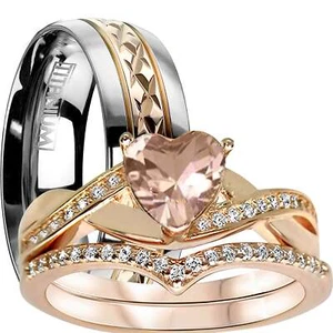 His Her Wedding Ring Set 3 Piece TRIO Silver Titanium Couples Engagement Rings - Picture 1 of 6