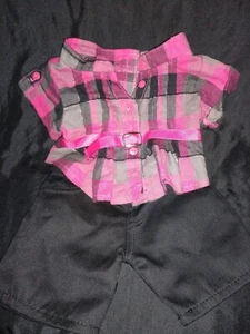 Build-A-Bear TUNIC TOP PINK PLAID BLOUSE PLEATS FUCHSIA & BLACK SHORTS VGC 1 - Picture 1 of 7