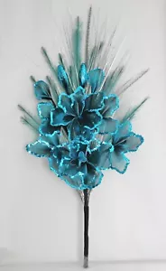 BLUE GLITTER NETLON FLOWERS, MIXED GRASSES, ARTIFICIAL HANDMADE BOUQUET 95cm - Picture 1 of 5