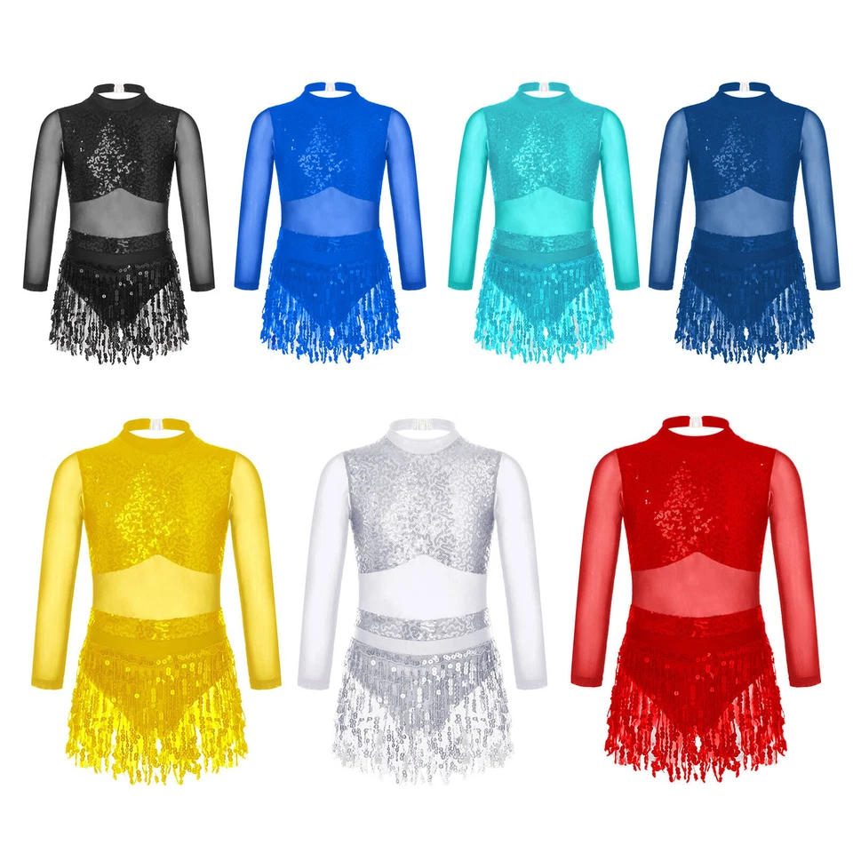 Girls Sparkle Sequin Tassels Leotard Dress Mesh Splice Latin Tango Dance Costume - Image 1 of 3