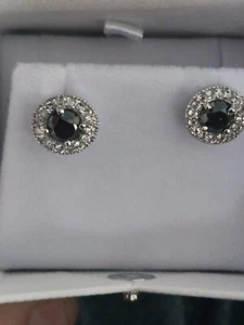 Round Brilliant 2.00 ct Natural, Black Diamond Stud Earrings In Sterling Silver - Picture 1 of 4