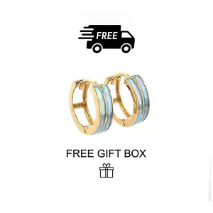 Pendientes de aro Huggie de ópalo azul claro doble fila de oro amarillo de 14k - Imagen 1 de 2