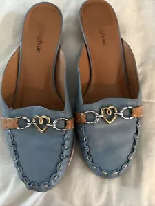 Brighton Cool Blue 9 M Women's Leather Slides w/Brighton Buckles Heart Shape - Picture 1 of 8