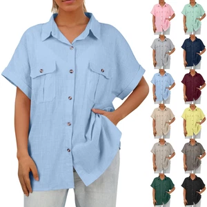 Womens Button Down Shirts Linen Cotton Short Sleeve Summer V Neck Casual Tops - Picture 1 of 20