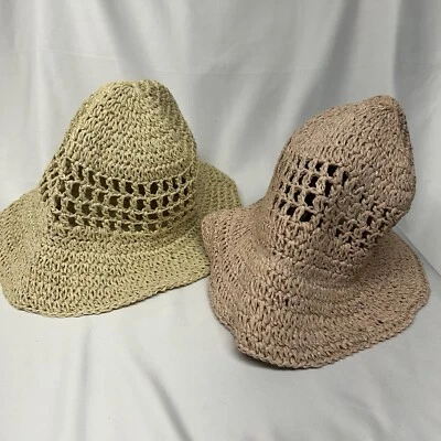 Sombrero para mujer Nine West 2 tejido a mano nuevo con etiquetas natural y rubor $48 cada venta al por menor Foto 1 de 4