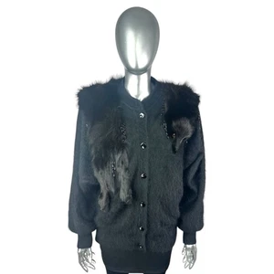 Black ANGORA Sweater w/Black FOX Trim, Sz M/L, w/Storage Bag - Picture 1 of 10