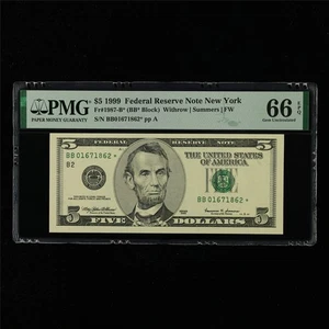 1999 Federal Reserve Note New York 5 Dollars Fr#1987-B* PMG 66 EPQ Gem UNC - Picture 1 of 4
