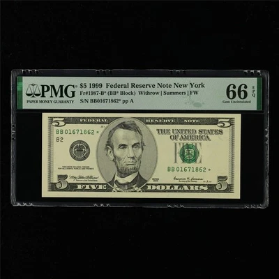 1999 Federal Reserve Note New York 5 Dollars Fr#1987-B* PMG 66 EPQ Gem UNC - Image 1 of 4