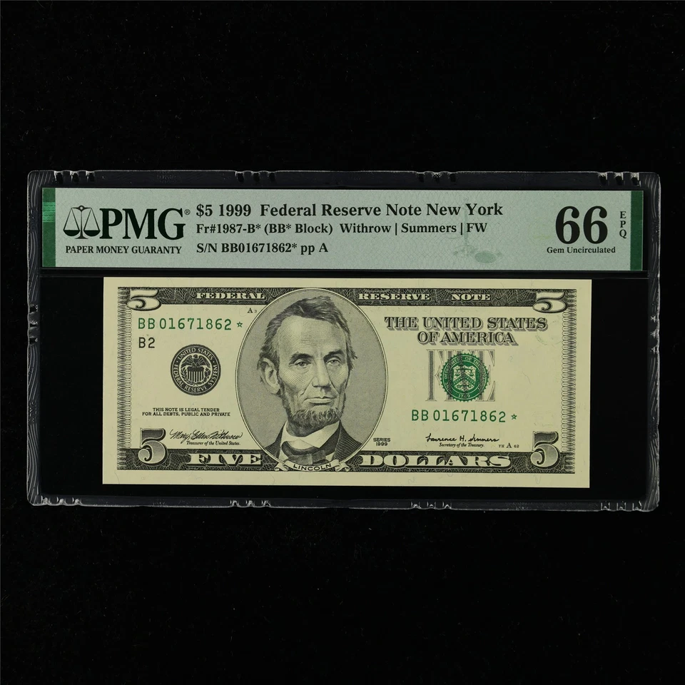 1999 Federal Reserve Note New York 5 Dollars Fr#1987-B* PMG 66 EPQ Gem UNC - Image 1 of 4